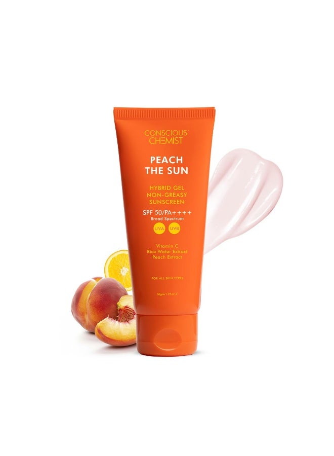 كيميائي واعي واقي الشمس Conscious Chemist® بعامل حماية SPF 50 PA++++ | 50 جرام | واقي شمس جل للبشرة الدهنية، غني بفيتامين C وماء الأرز وخلاصة الخوخ، تركيبة هجينة خفيفة الوزن، مناسب لجميع أنواع البشرة - خوخ ذا صن - Image 1
